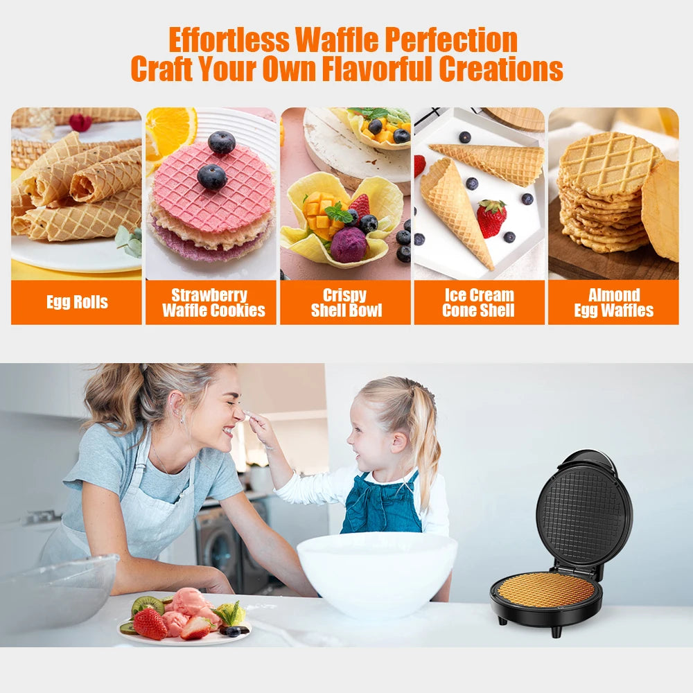 Electric Waffle Cone Maker 1200W Thin Waffle Ice Cream Bowl Egg Roll Machine Smart Control Non-stick Plates with Shaper Roller