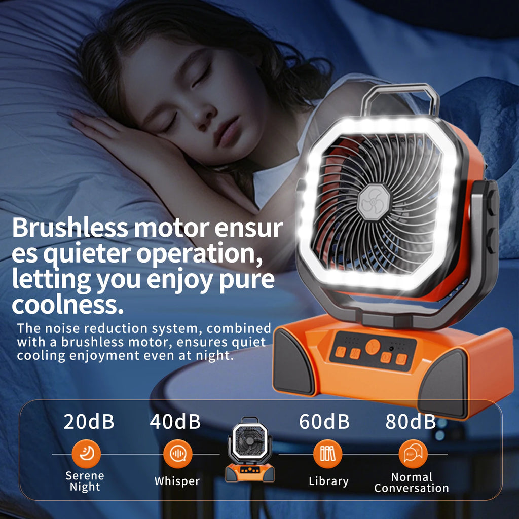 50000mAh Outdoor Camping Fan with Remote Contral 4Gears Wind Speed Up to 100 Hours Runtime Handle Portable Cooling Electric Fan
