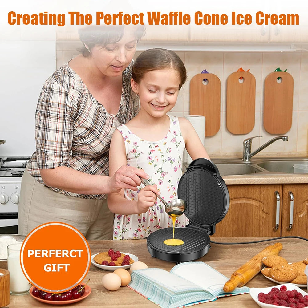 Electric Waffle Cone Maker 1200W Thin Waffle Ice Cream Bowl Egg Roll Machine Smart Control Non-stick Plates with Shaper Roller