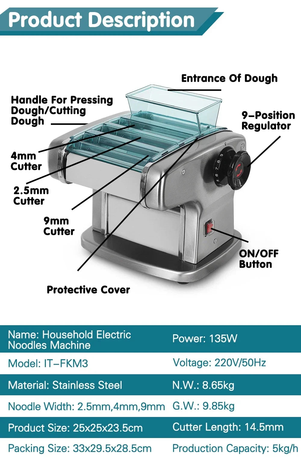 HomeWise Electric Pasta Machine Noodle Maker 220V Commercial Stainless Steel Pressing Machine Dough Cutter Dumpling Skin
