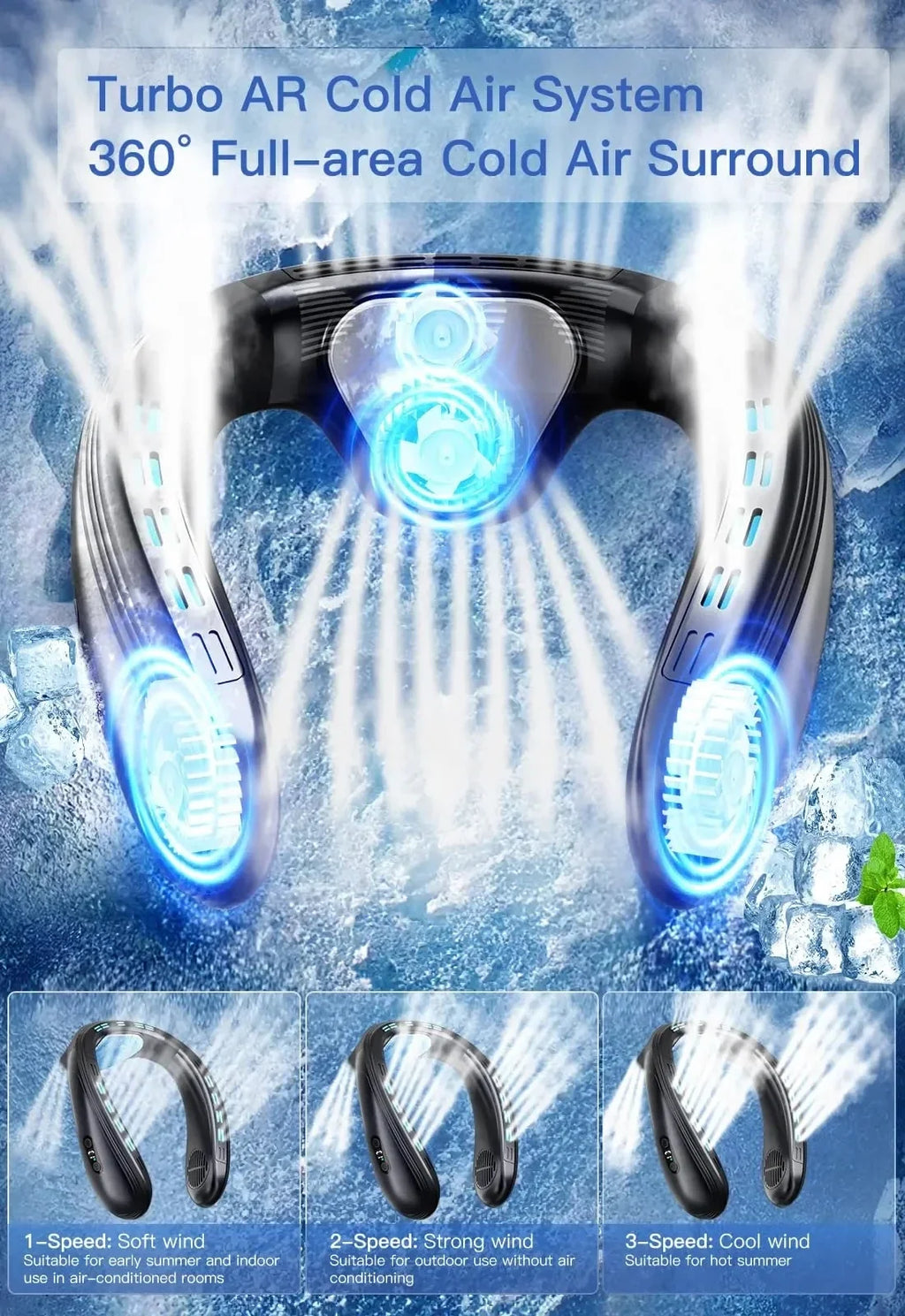 New Portable Neck Fan 5200mAh Neck Air Conditioner Rechargeable Semiconductor Cooling Fan Outdoor Personal Fan Wearable Cooler