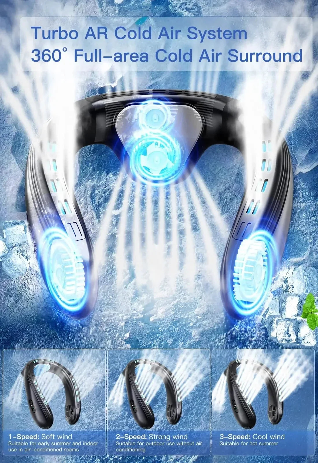 New Portable Neck Fan 5200mAh Neck Air Conditioner Rechargeable Semiconductor Cooling Fan Outdoor Personal Fan Wearable Cooler