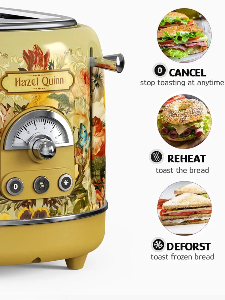 2-Slice Retro Floral Print Toaster with Removable Crumb Tray 6 Browning Levels 3 Functions Waffle Maker for Puff Pastry