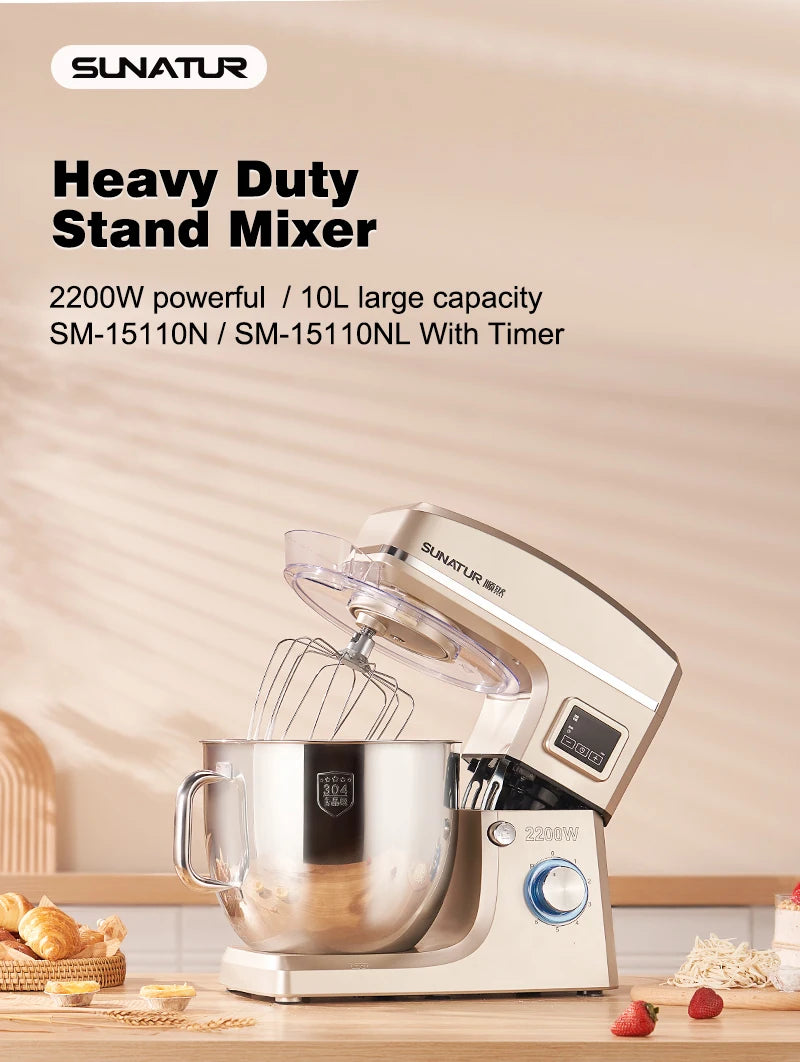 SUNATUR 10L Stand Mixer 2200w Dough Kneading Planetary Proccessor Automatic Beater Electric Timed Kitchen Blender Cream Whipper