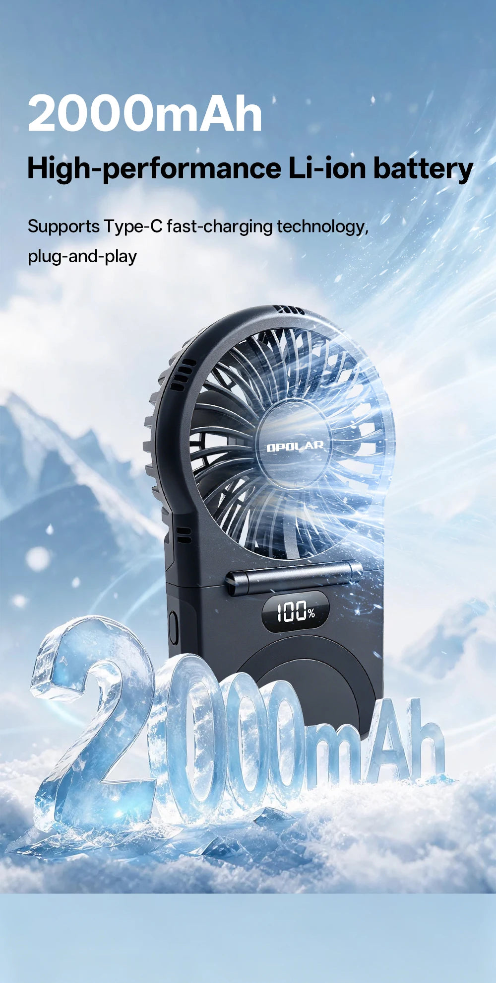 OPOLAR Portable Handheld Mini Fan Foldable Neck Hanging Fans 5 Speed USB Rechargeable Fan,LED Display Handheld & Desk Fan 2000mA