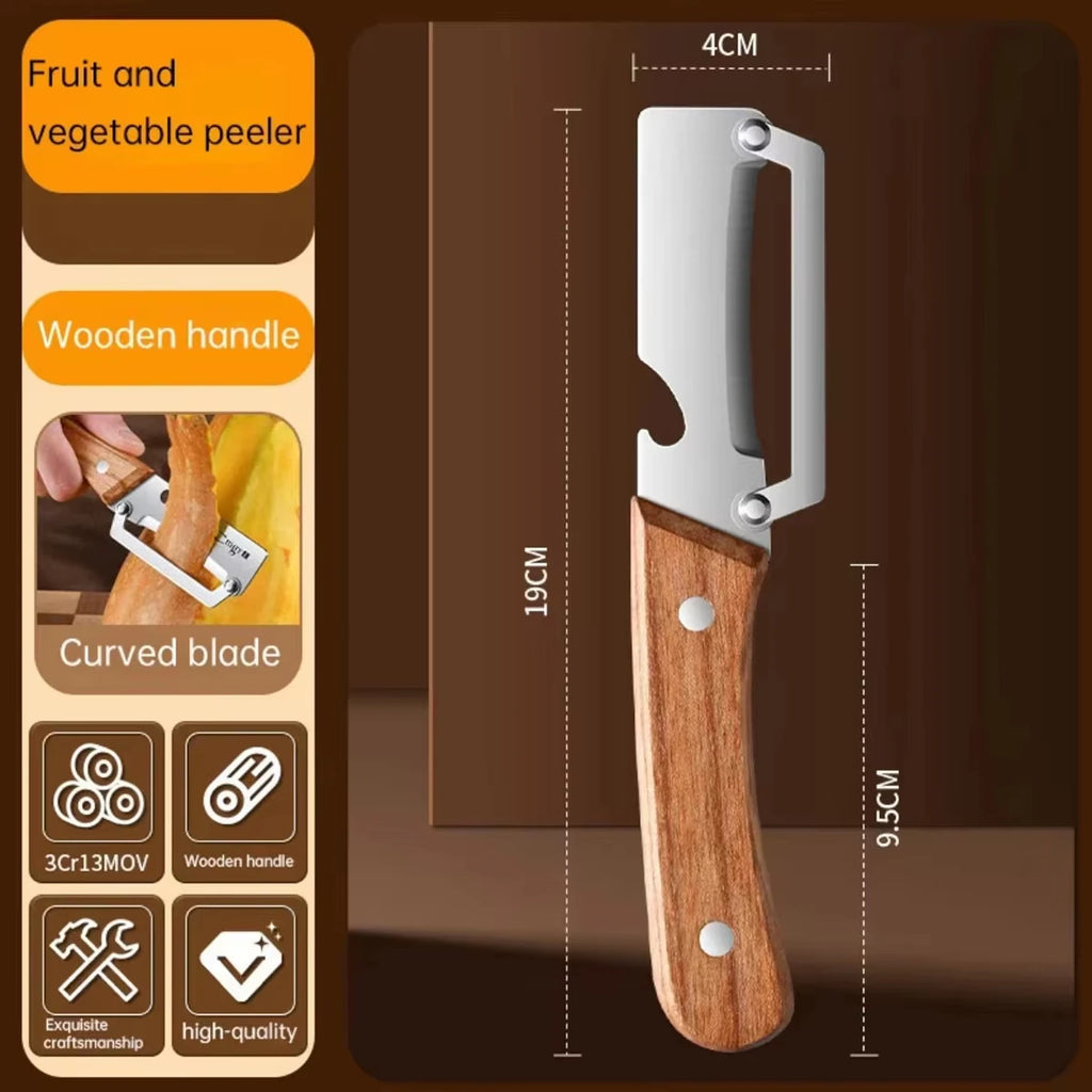 2-in-1 Stainless Steel Peeler Multi-Functional Serrated Vegetable Slicer Fruit Peeling Slicing Wooden Handle New Kitchen Knife