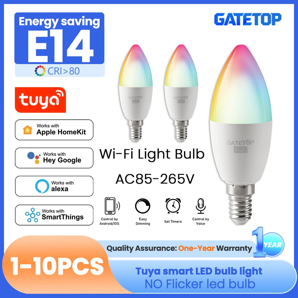 1-10PCS LED Candle Tuya Bulb WiFi E14 Smart RGB CW AC 85-265V 6W LED Lamp C37 Bulbs App Voice Control Support Alexa Google Home