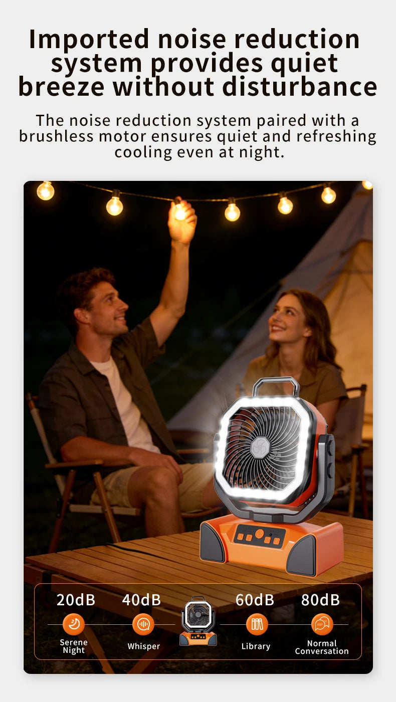 50000mAh Outdoor Camping Fan with Remote Contral 4Gears Wind Speed Up to 100 Hours Runtime Handle Portable Cooling Electric Fan