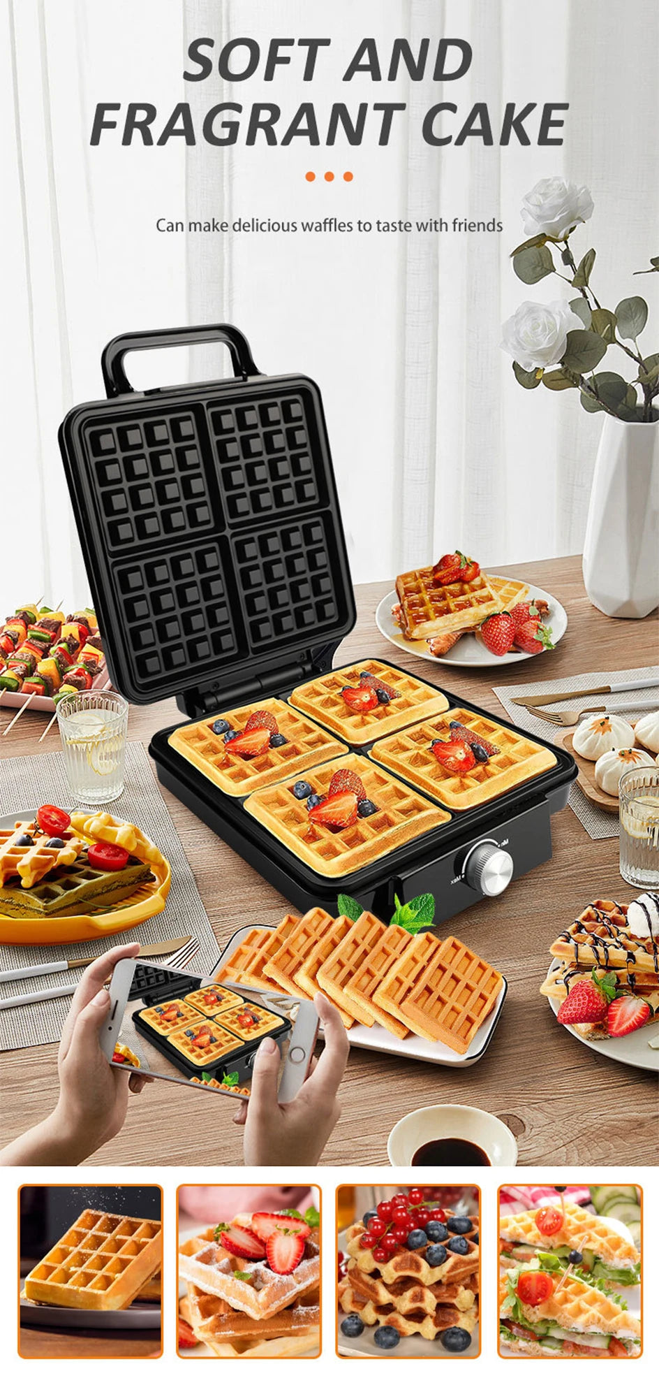 4-Slice Belgian Waffle Maker 1500W Double Heating Non-Stick Egg Cake Oven Pancake Egg Waffle Cake Machine Temperature Control