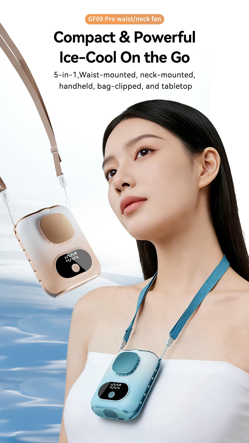 3CM Thin Tiny Portable Waist Fan 6000mAh Clip On Personal Neck Fan LED 12H Working 5 Speeds 40000RPM Strong Airflow with Lanyard