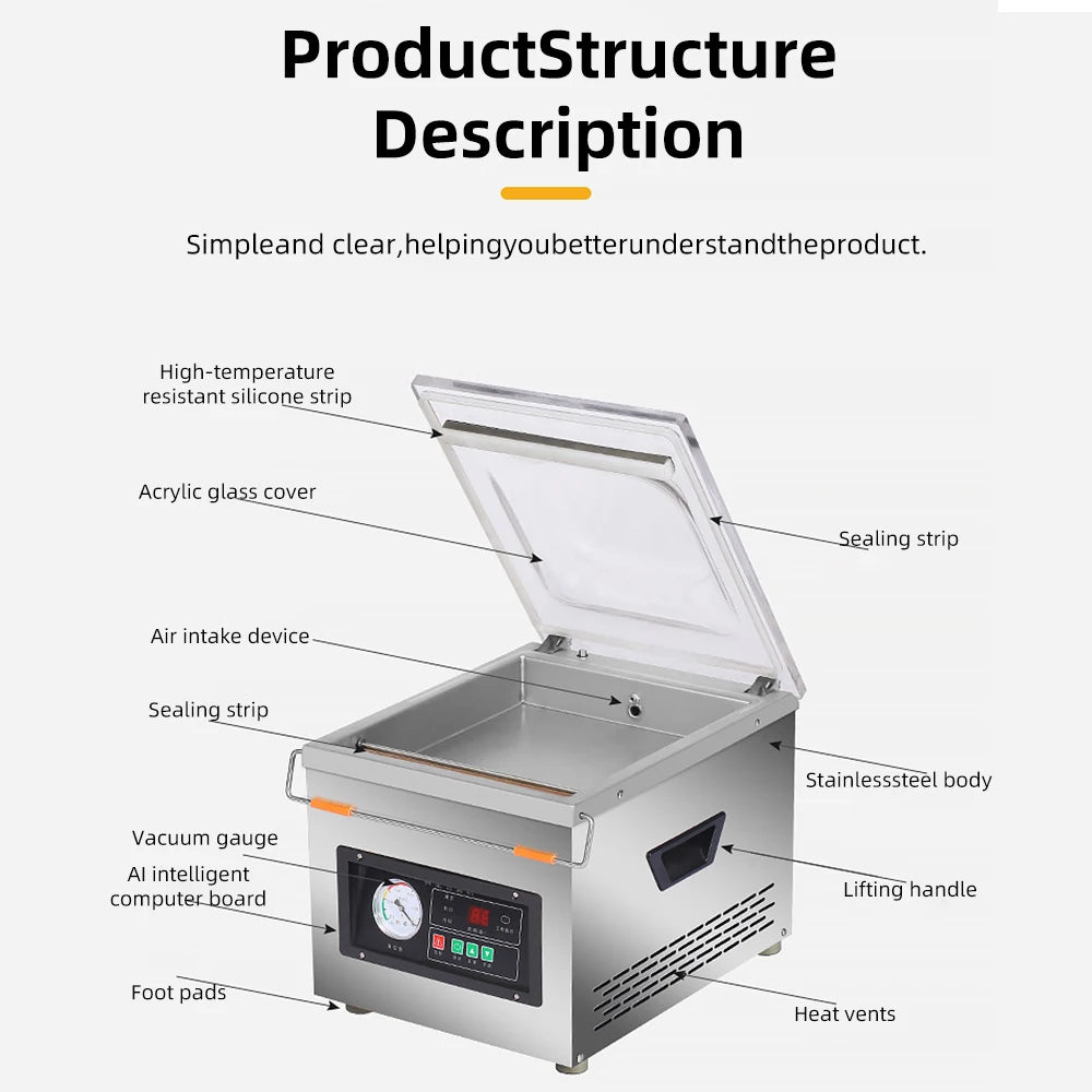 DIVEDEER Commercial Vacuum Sealer for Food Packaging Chamber-Type Vacuum Sealer for Kitchen Meat Preservation