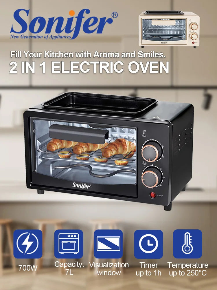 Electric Oven SF-4048A 700W 7L Mini Toaster Oven with Grill Plate Timer Multifunction Baking Cooker for Home Kitchen