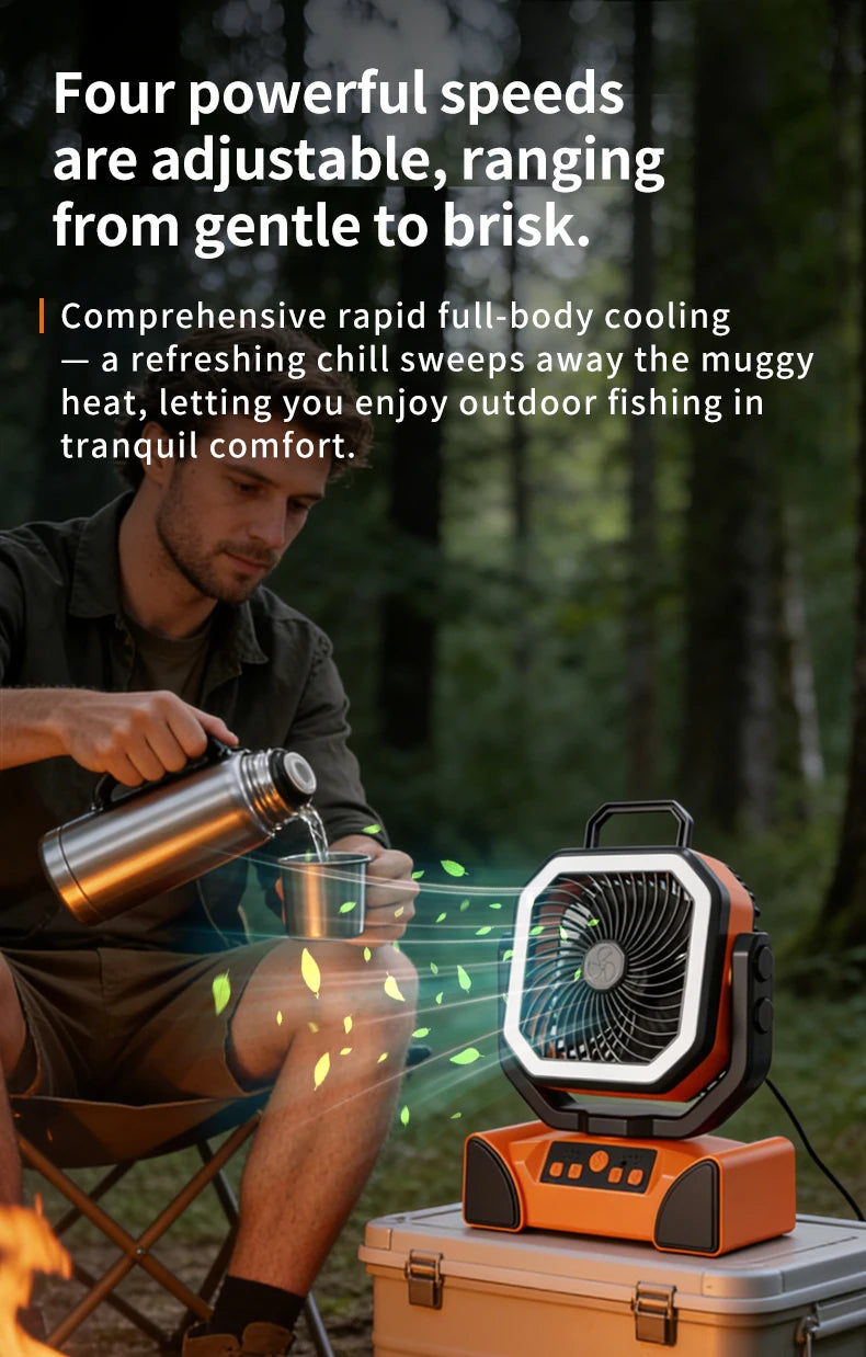 50000mAh Outdoor Camping Fan with Remote Contral 4Gears Wind Speed Up to 100 Hours Runtime Handle Portable Cooling Electric Fan