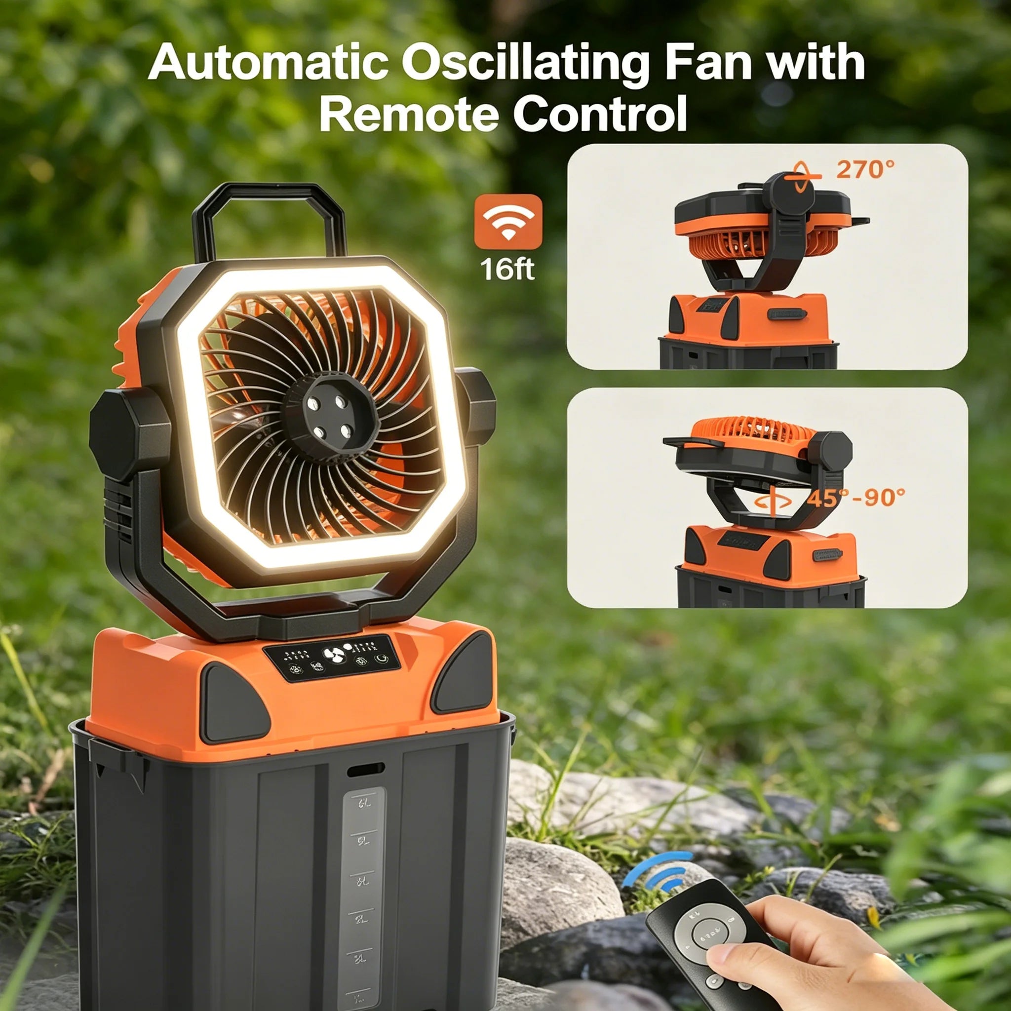 50000mAh Outdoor Camping Fan with Remote Contral 4Gears Wind Speed Up to 100 Hours Runtime Handle Portable Cooling Electric Fan