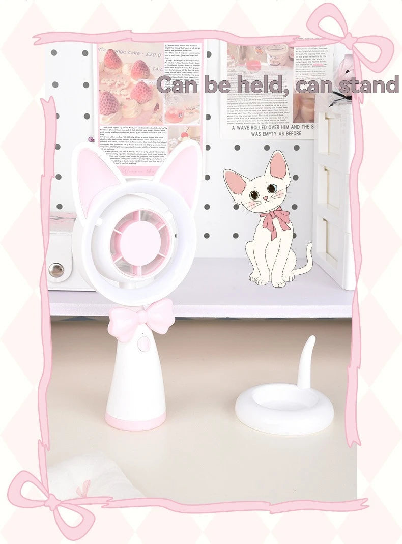 New Cat-Shaped Handheld Fan with Strong Wind, USB Charging, Suitable for Student Dormitories, Desktop Small Fan with Light