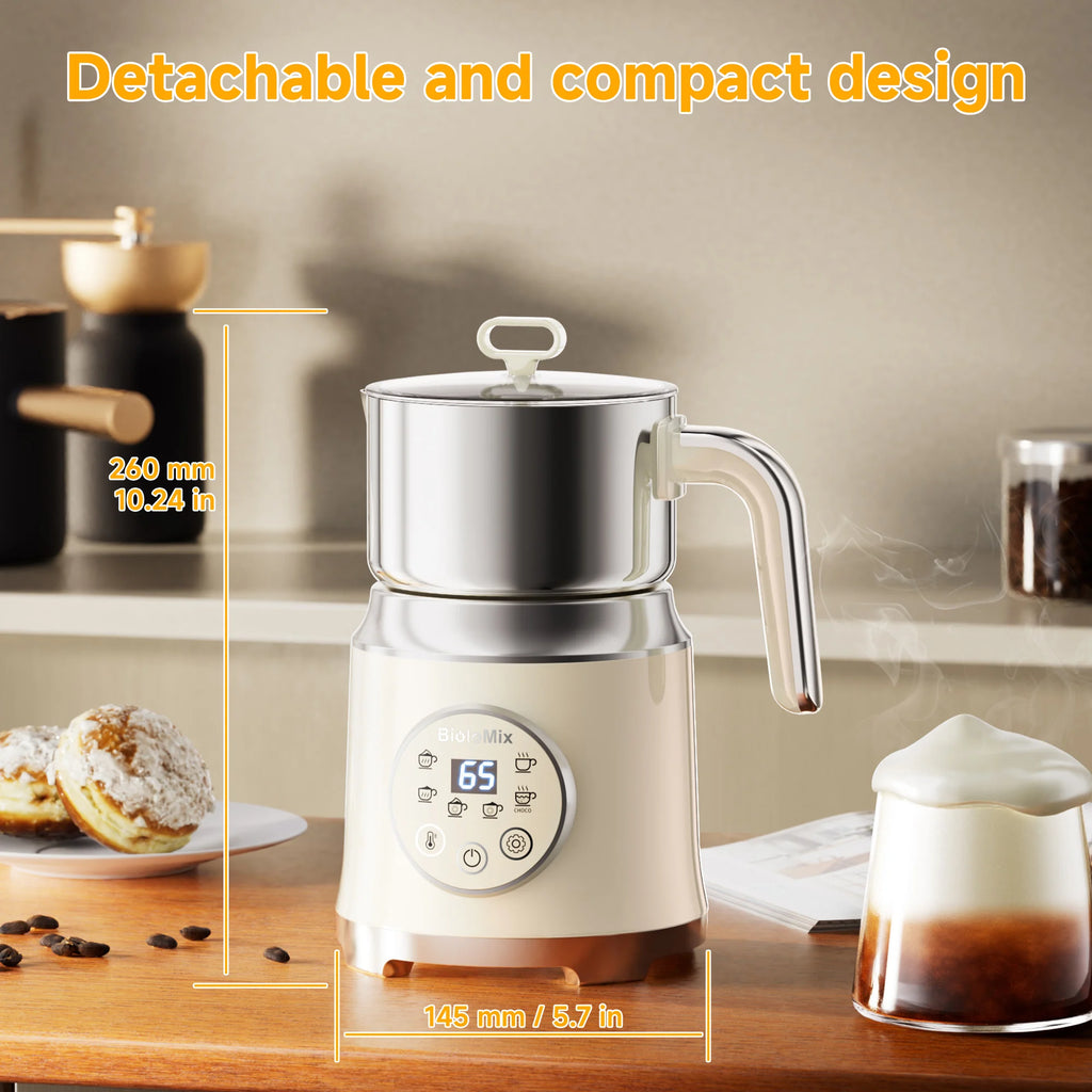 BioloMix Electric Detachable Milk Frother and Steamer,6-in-1 Automatic Hot/Cold Foam and Hot Chocolate Maker,Dishwasher Safe
