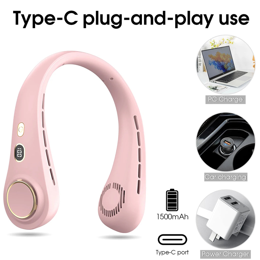 1500mAh 5 Speeds Bladeless Neck Fan Hands Free Portable Rechargeable Cooling Strong Airflow Ultra Quiet for Travel Outdoor
