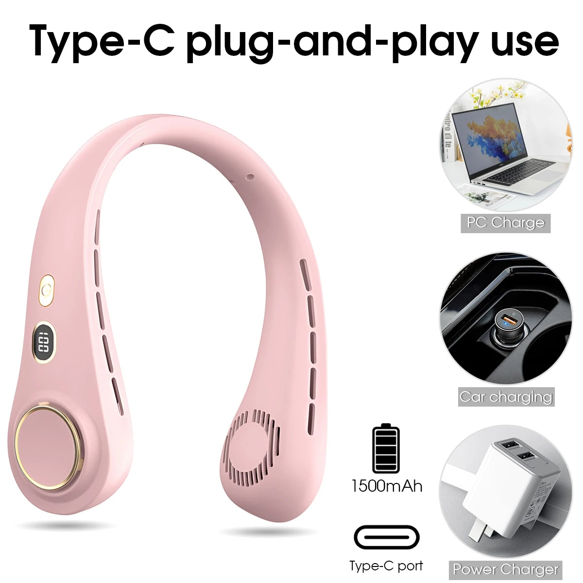 1500mAh 5 Speeds Bladeless Neck Fan Hands Free Portable Rechargeable Cooling Strong Airflow Ultra Quiet for Travel Outdoor