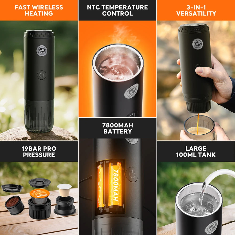 Coffee Machine Travel Portable Espresso for Car & Home Camping Coffee Maker 2-in-1 Capsule Powder Nespresso or Dolce Gusto