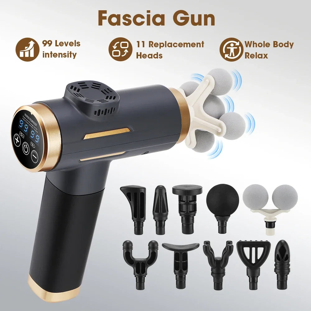 11-IN-1 Electric Massage Gun 99 Level Powerful Fascia Gun High-Frequency Vibration Body Massage Gun USB Rechargeable