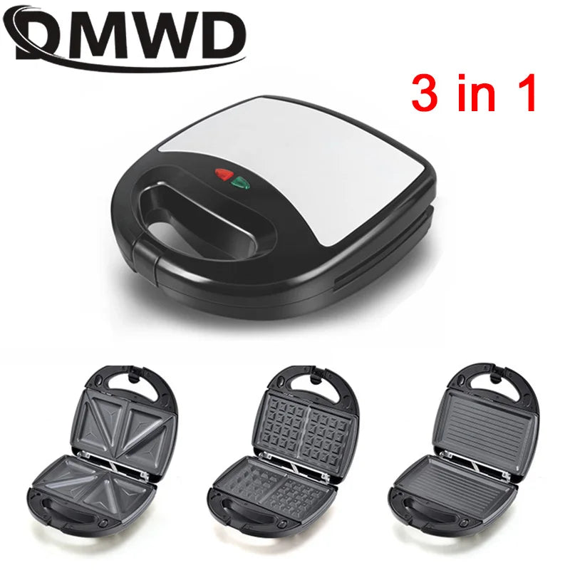 DMWD 3in1 Electric Mini Egg Waffle Sandwich Maker Grilling Plates Breakfast Baking Machine Panini Toaster Bread Frying Pan EU