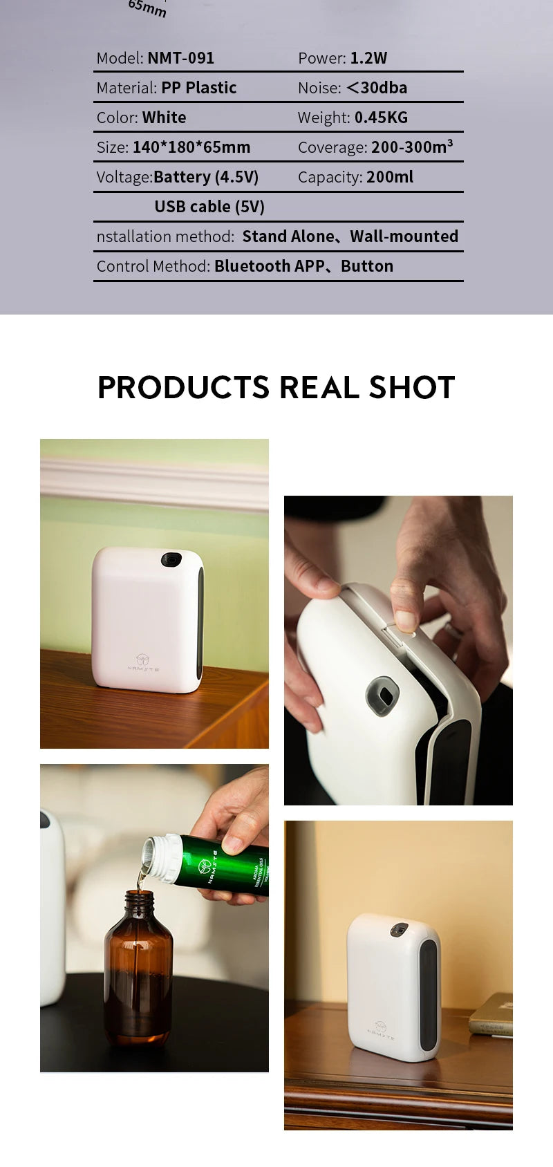 NAMSTE Bluetooth Battery Aroma Diffuser Essential Oil Aromatic Fragrant Device Aromatic Scent Diffuser Air Freshener Cover 300m³