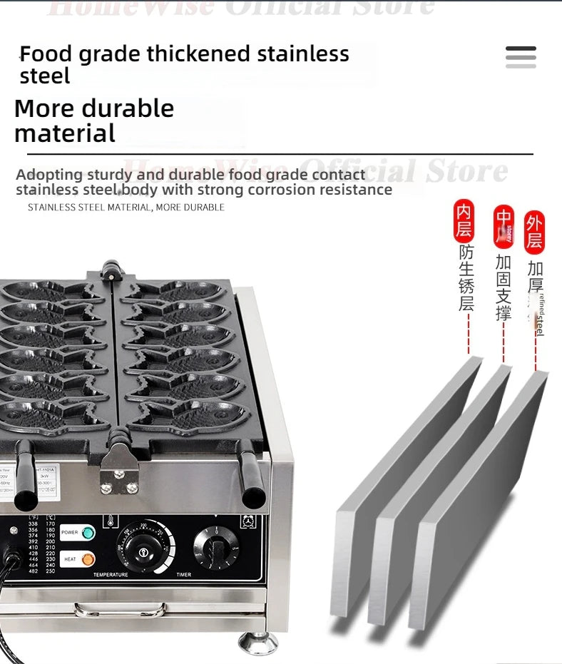 HomeWise Taiyaki Maker Fish Waffle Machine Fish Cake Baking Machine 6 Pcs Fish Ice Cream Waffle Maker 3000W Non-stick Pan