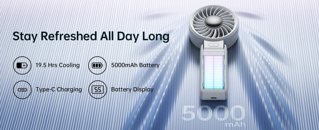 JISULIFE Portable Handheld Fan with LED Display,5 Speeds,5000mAh,150°Folded,3-IN-1 Hand/Desk/Neck Multifunction Personal Fan