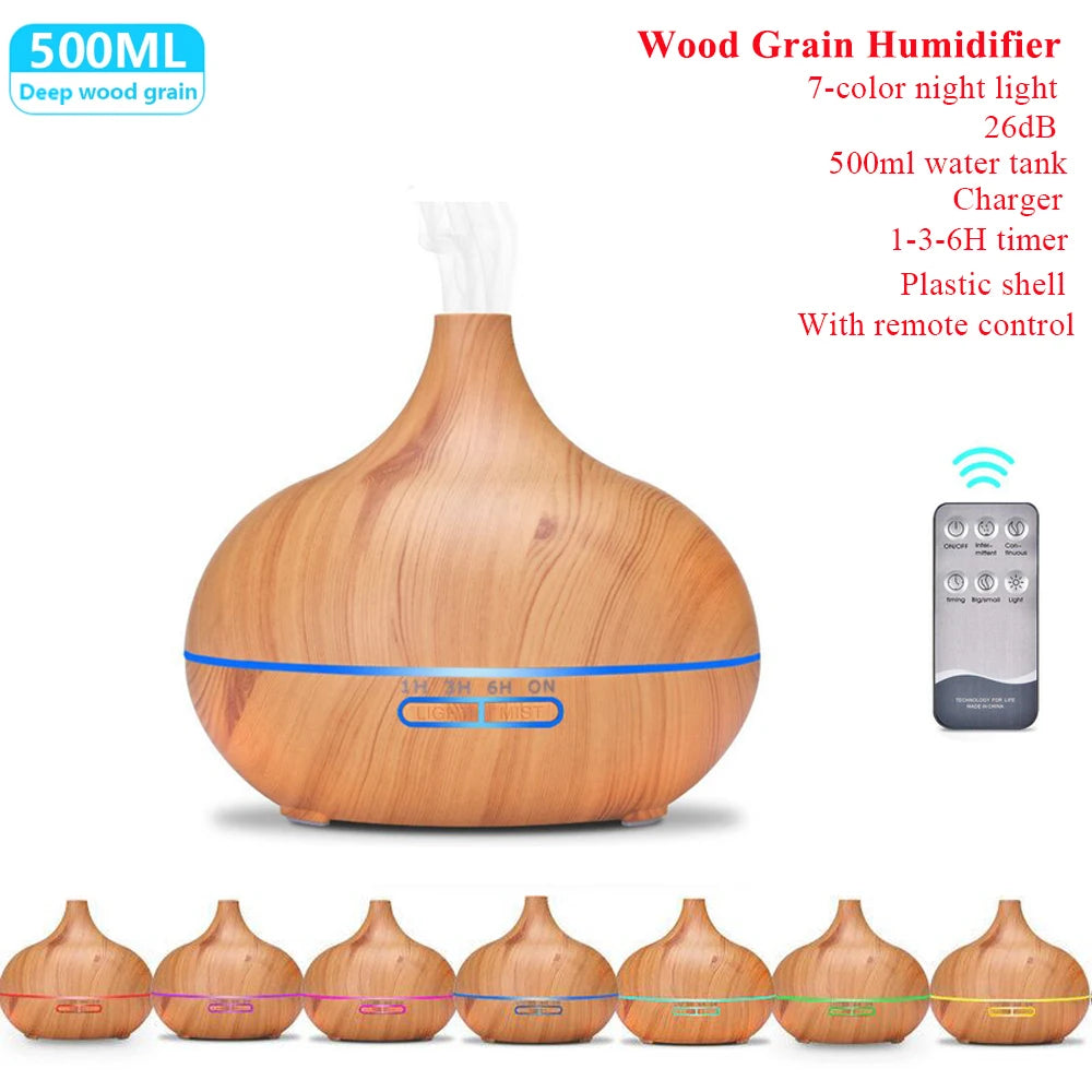 Electric Air Humidifier Remote Control Diffuser Aroma Humidifier Oil Diffuser Ultrasonic Wood Grain Mist Maker 7Color LED Light