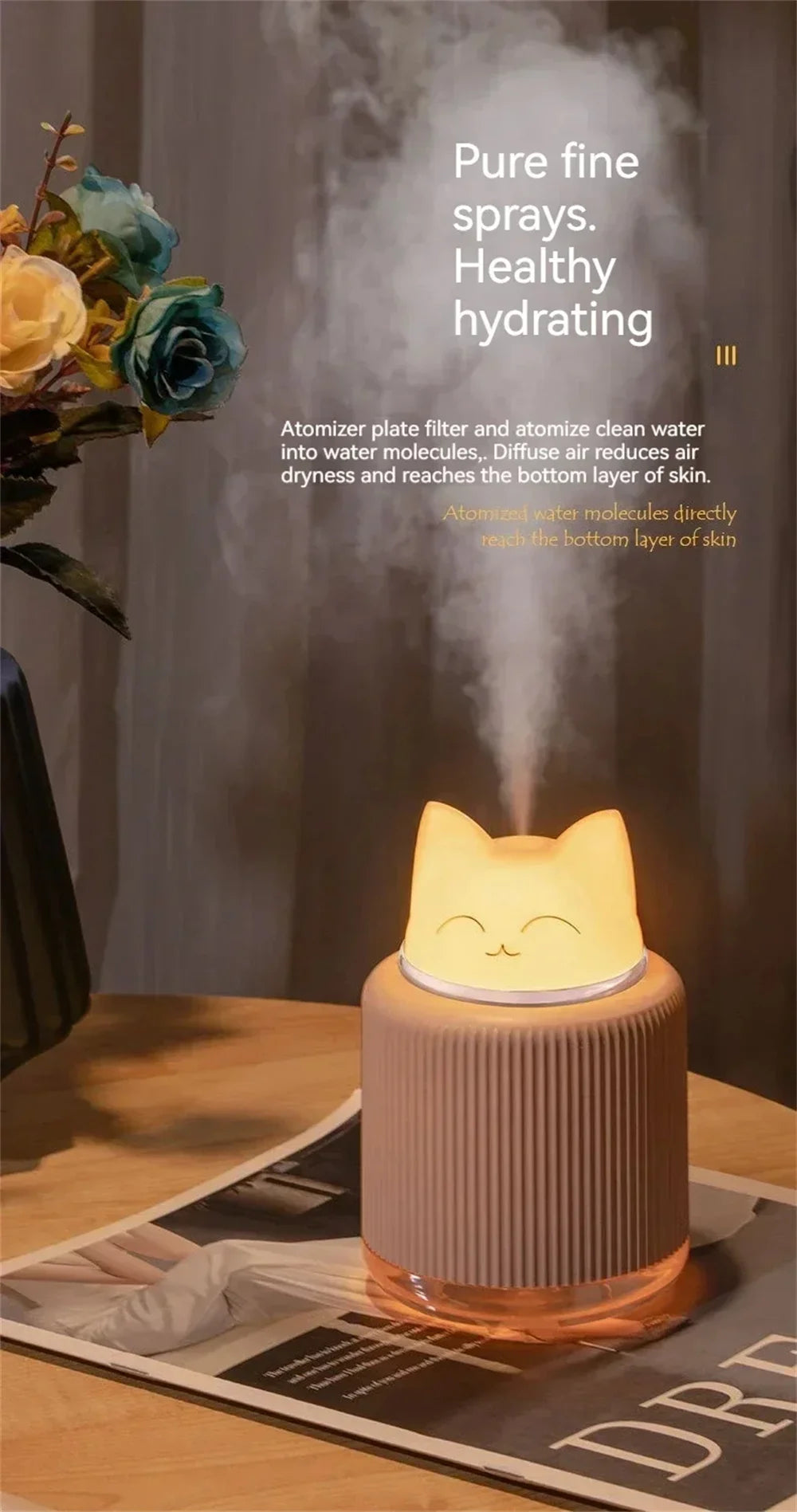Mini Humidifier-Cute Cat Mist Humidifier for Kids Bedroom Small Ultrasonic humidifier for Home Car Office with USB 2 LED Colors