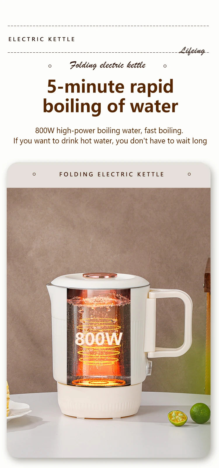 GELAIBO Electric Kettle Folding Kettle Travel Portable Kettle 304 Stainless Steel Electric Kettle Double-Layer Anti-Multifunctio