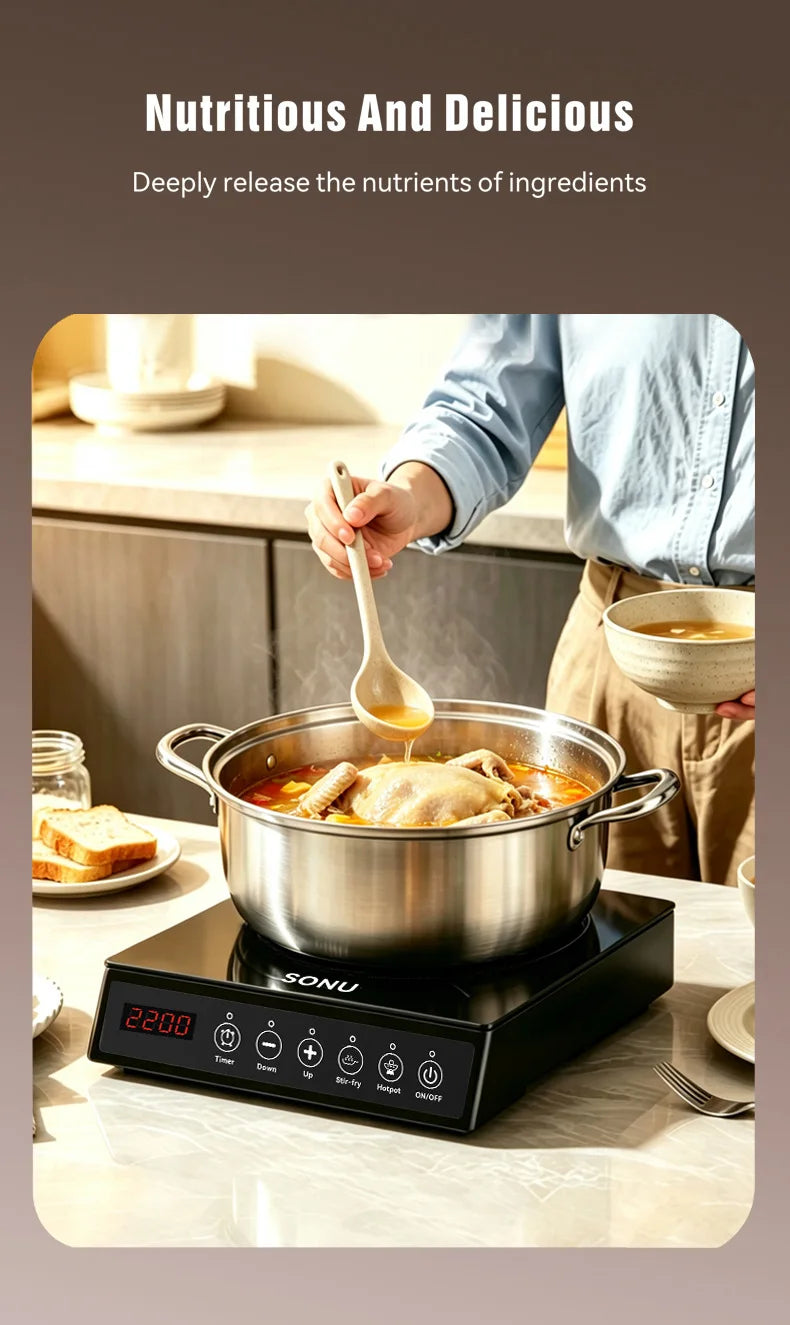2200W Portable Electric Magnetic Induction Cooker Touch Panel Waterproof Hotpot Heating Stove Touchpad Cooktop Stir Fry Dish Coo