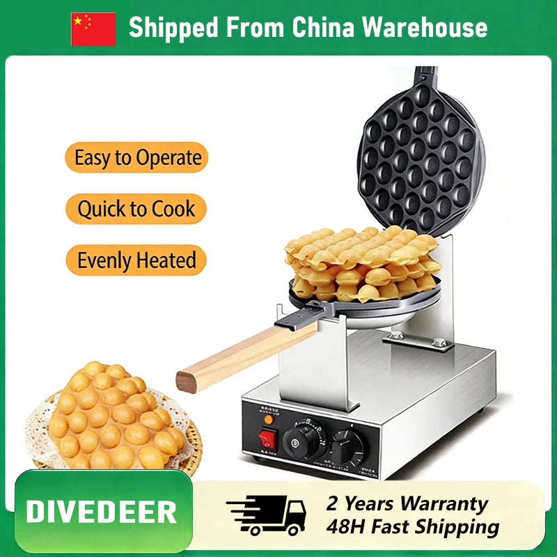 DIVEDEER Commercial Waffle Maker 1400W Stainless Steel Waffle Maker with 180° Rotating Dual Baking Plates and Wooden Handle