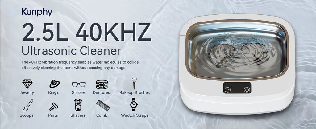 KUNPHY Ultrasonic Machine 2.5 40kHz Jewelry Cleaner Ultrasonic Bath Multifunctional for Mouthguard Razors Dental Parts Cleaning