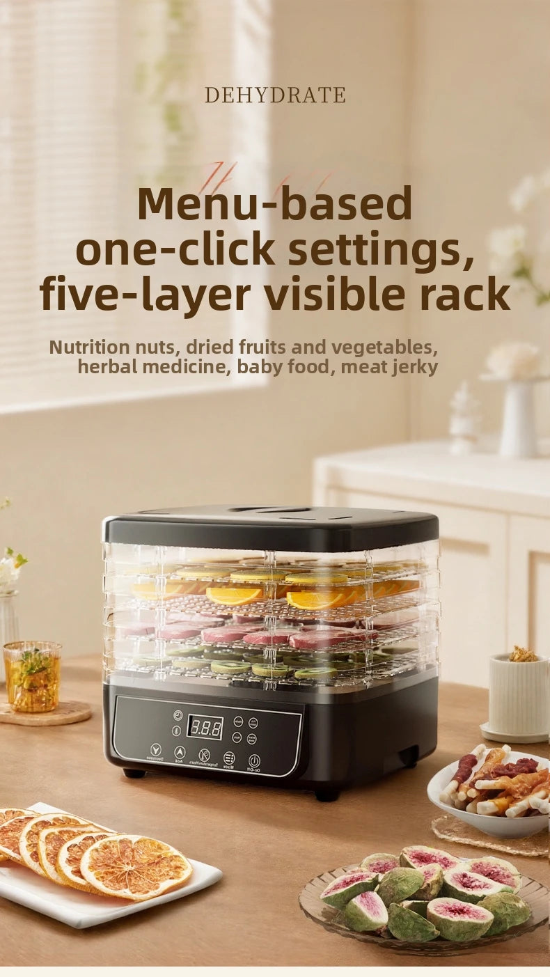 5-Tier Food Dehydrator, BPA-Free Plastic, 160W Drying Power, 30-70℃ Adjustable Temperature, 72H Timer, for Fruits/Herbs/Jerky,