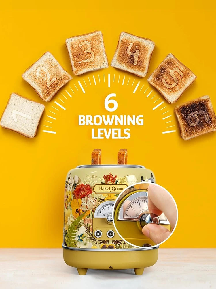 2-Slice Retro Floral Print Toaster with Removable Crumb Tray 6 Browning Levels 3 Functions Waffle Maker for Puff Pastry