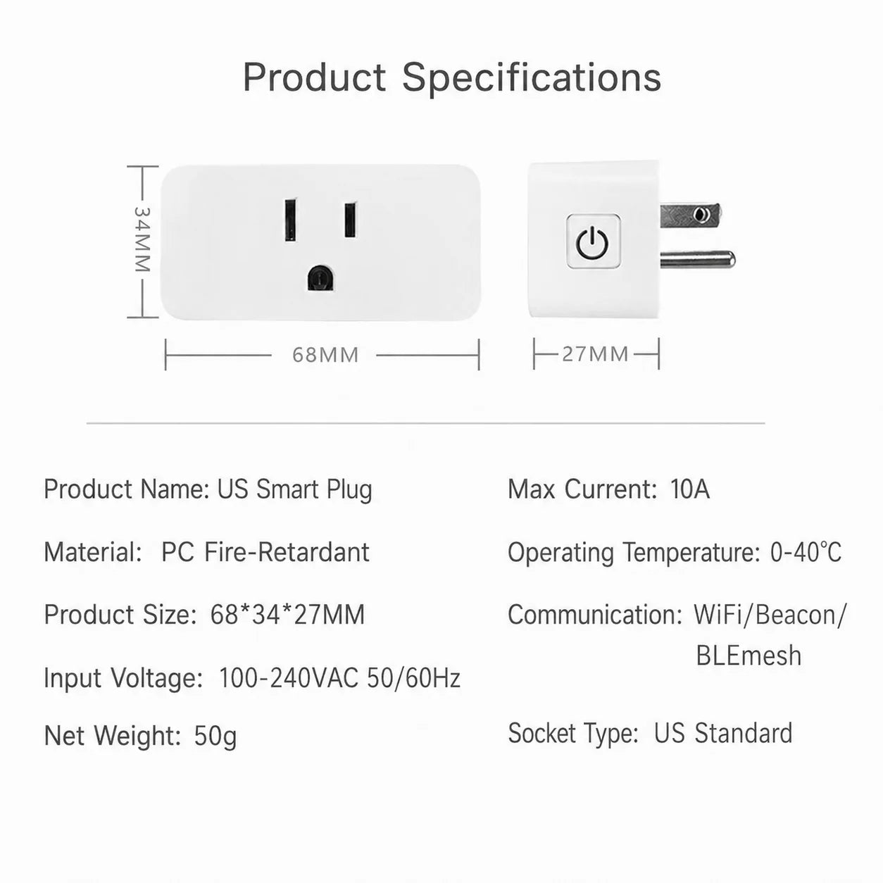 Tuya US-Spec Smart Plug 10A with Wi-Fi Connectivity, Timer Function, and Voice Control—Ideal for Smart Homes