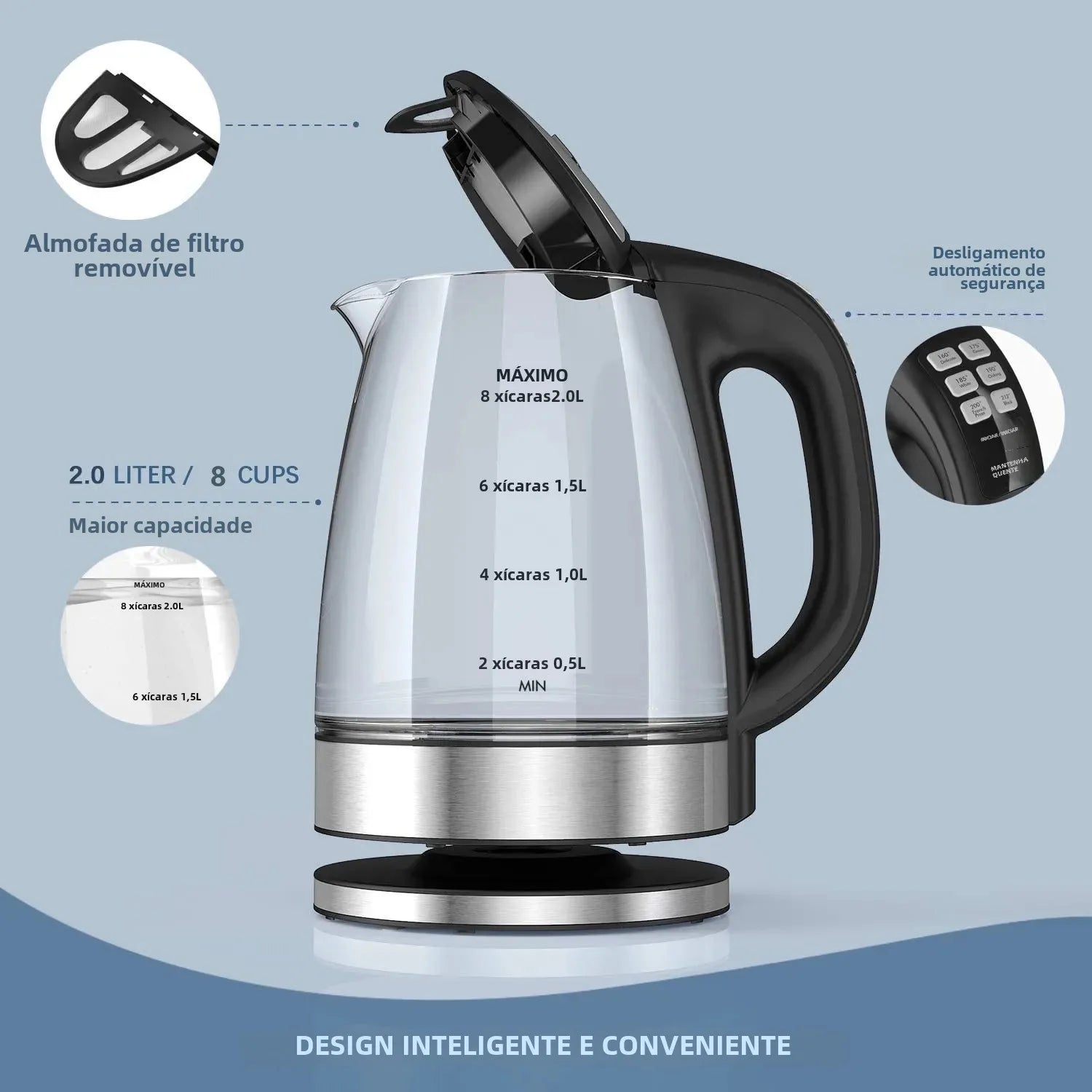 DEVISIB Electric Glass Kettle, 2200W Fast Boiling, Temperature Control, 4-Hour Keep Warm, 2.0L Tea Kettle & Hot Water Boiler