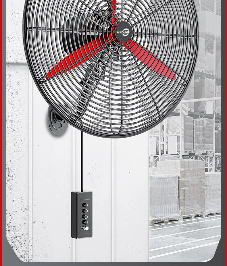High Power Industrial Wall Mounted Fan Wire Control Adjustable Wind Power Shaking Head Horn Metal Blade Commercial Wall Fan
