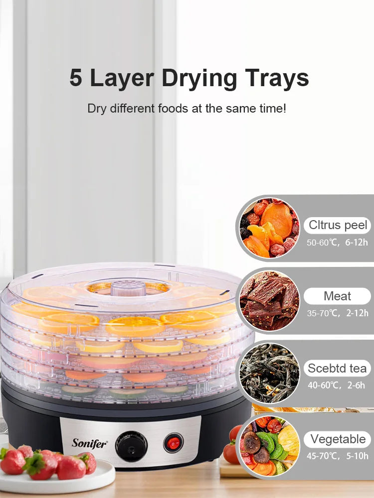 Food Dehydrator SF-4033 250W 5 Tray Fruit Vegetable Dryer with BPA Free Trays Adjustable Temperature for Home Kitchen