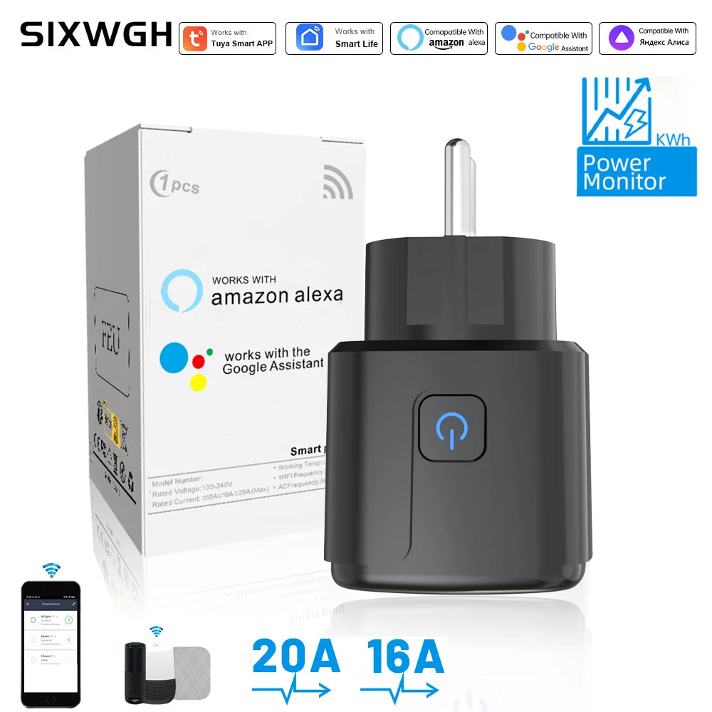 Tuya Smart Socket WiFi Remote Control EU Plug with Energy Monitoring 16A/20A Voice Control Google/Alexa Timed