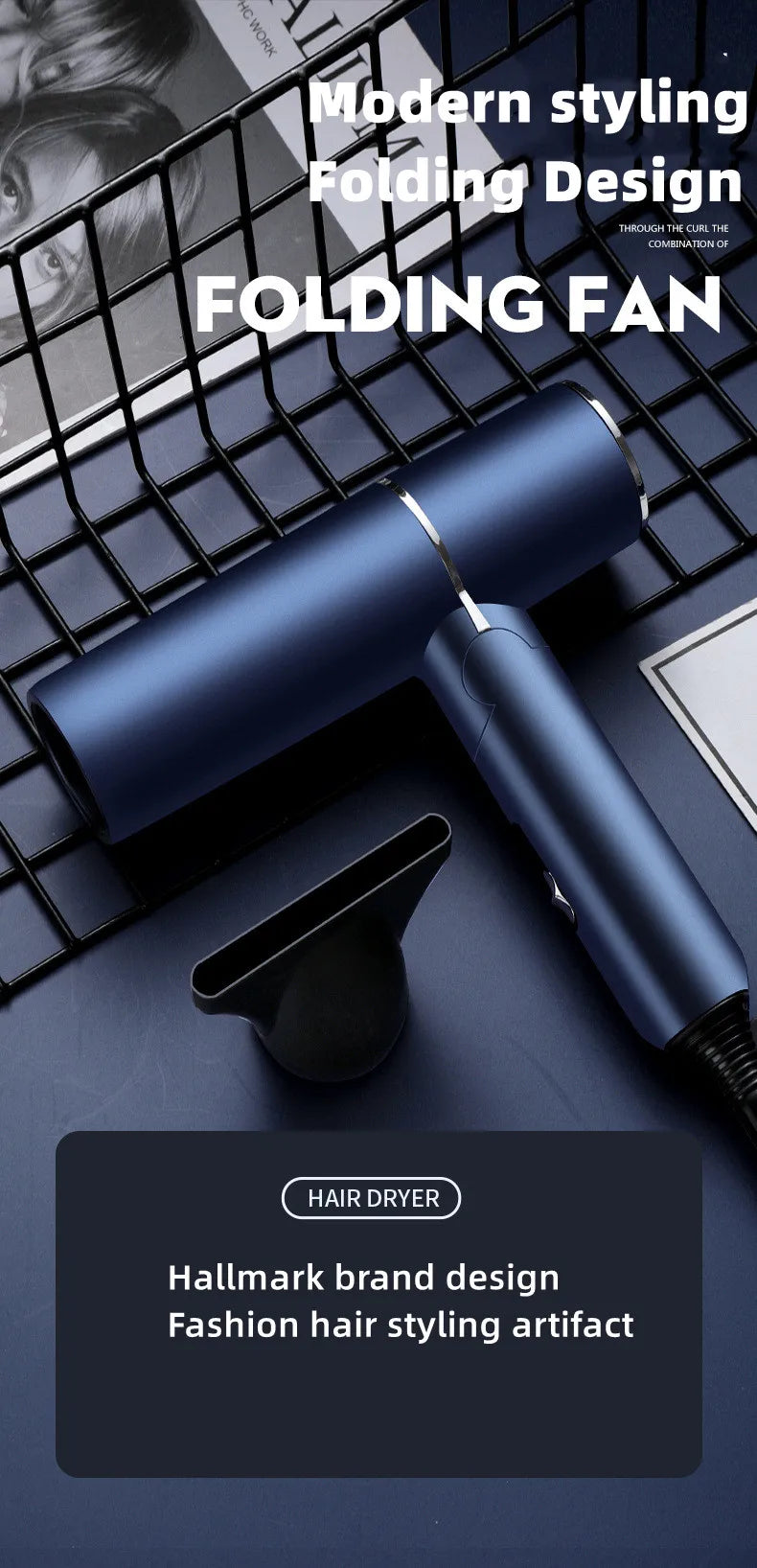 New Foldable Hair Dryer Blue Light Negative Ion Hair Care 1200W High Power Fast Drying Home Student Dormitory Travel Hair Dryer
