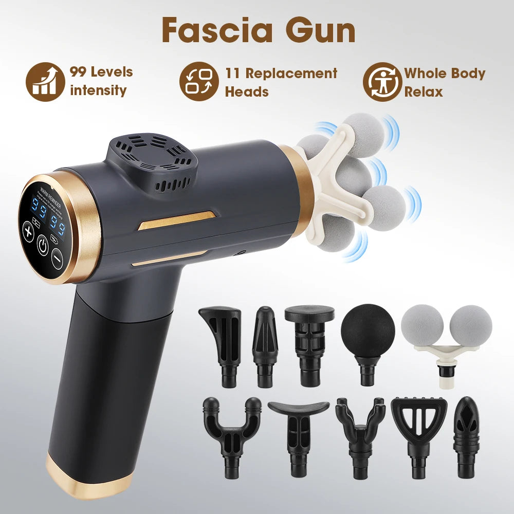 11-IN-1 Electric Massage Gun 99 Level Powerful Fascia Gun High-Frequency Vibration Body Massage Gun USB Rechargeable