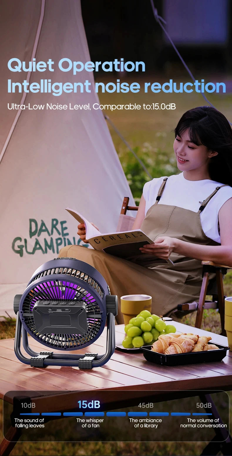 MUXNW Outdoor Camping Fan 20000mAh Portable Rechargeable Wireless Tent Ceiling Fan with LED Light Comes with Storage Bag