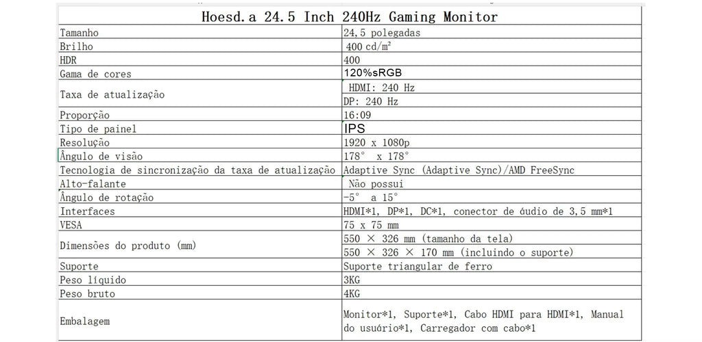24.5 Inch 240Hz Gaming Monitor 1920×1080P 120%sRGB HDR400 IPS Screen FHD 400Nits Display DP HDMI VESA Gaming PC Monitor