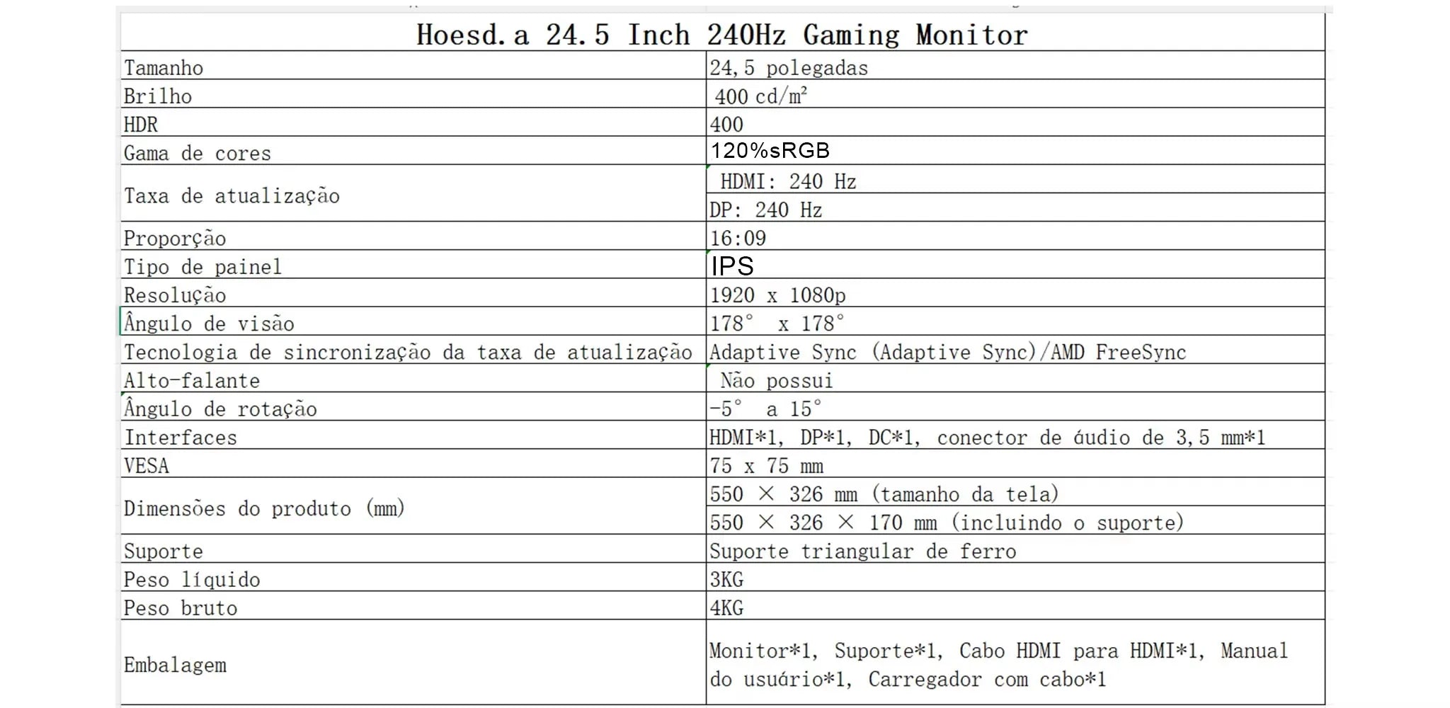 24.5 Inch 240Hz Gaming Monitor 1920×1080P 120%sRGB HDR400 IPS Screen FHD 400Nits Display DP HDMI VESA Gaming PC Monitor