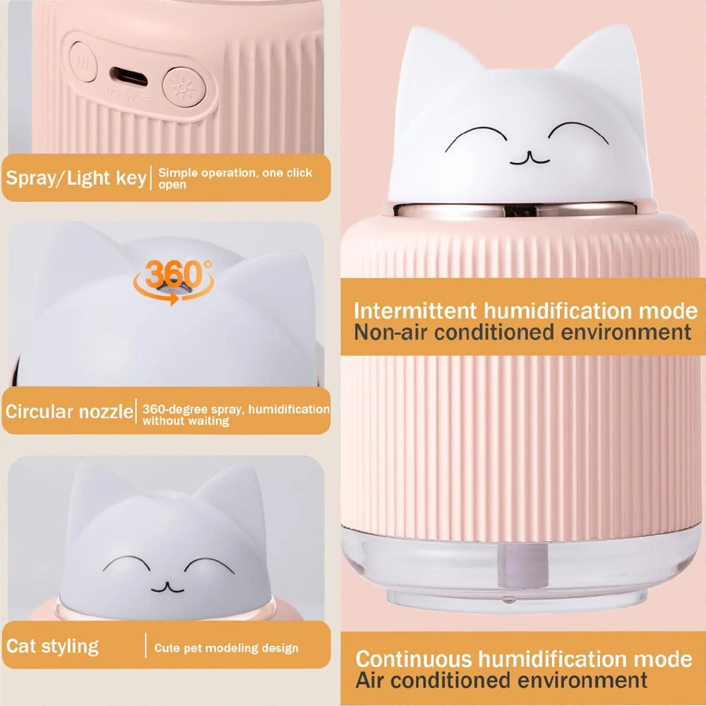 Mini Humidifier-Cute Cat Mist Humidifier for Kids Bedroom Small Ultrasonic humidifier for Home Car Office with USB 2 LED Colors