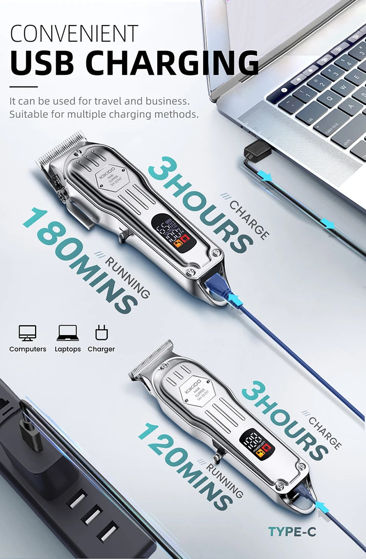 KIKIDO 2 IN 1 Hair Clipper Professional Hair Cutting Machine Rechargeable Barber Hair Trimmer Cordless Haircut Clipper for Men
