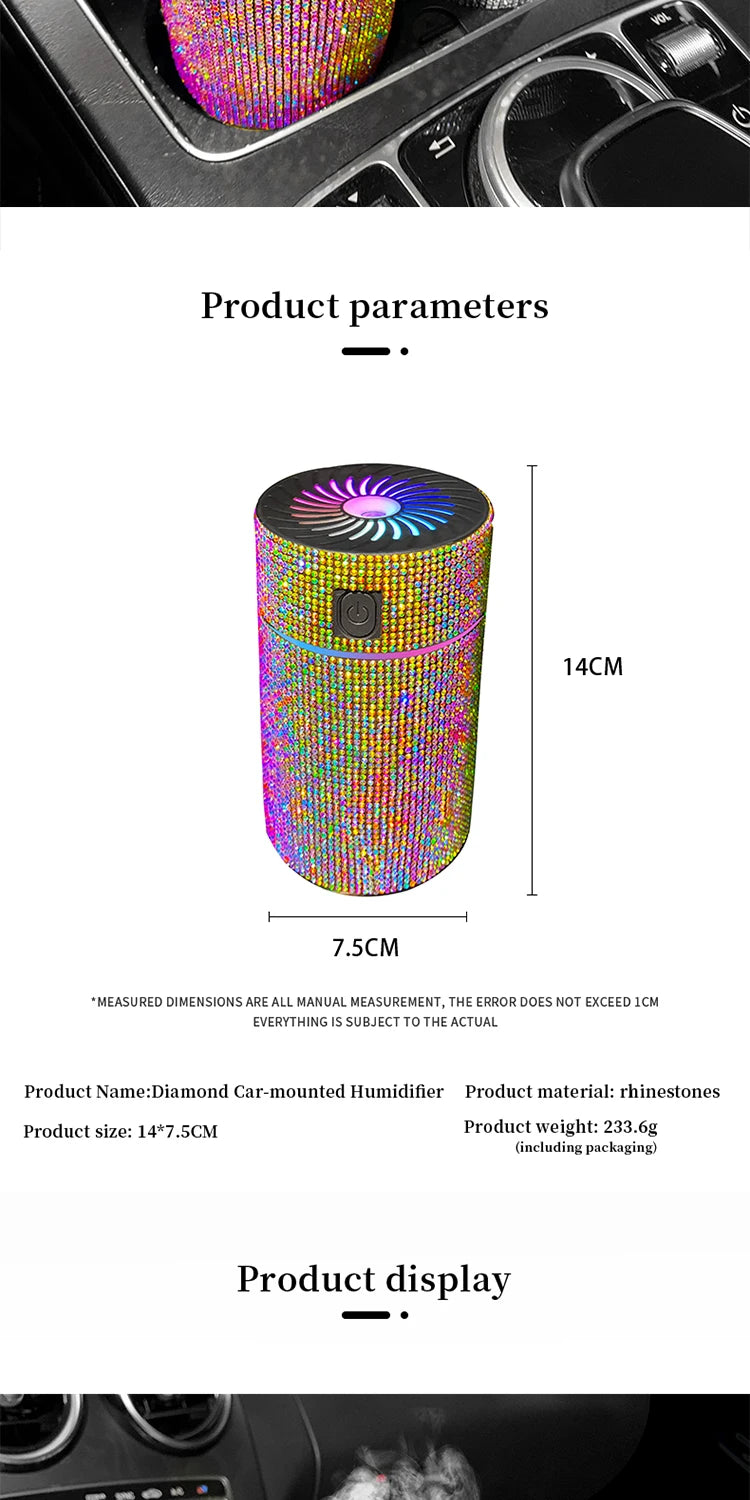 Luxury Diamond Car Diffuser Humidifier with LED Light Auto Air Purifier Aromatherapy Diffuser Air Freshener Car Accessories