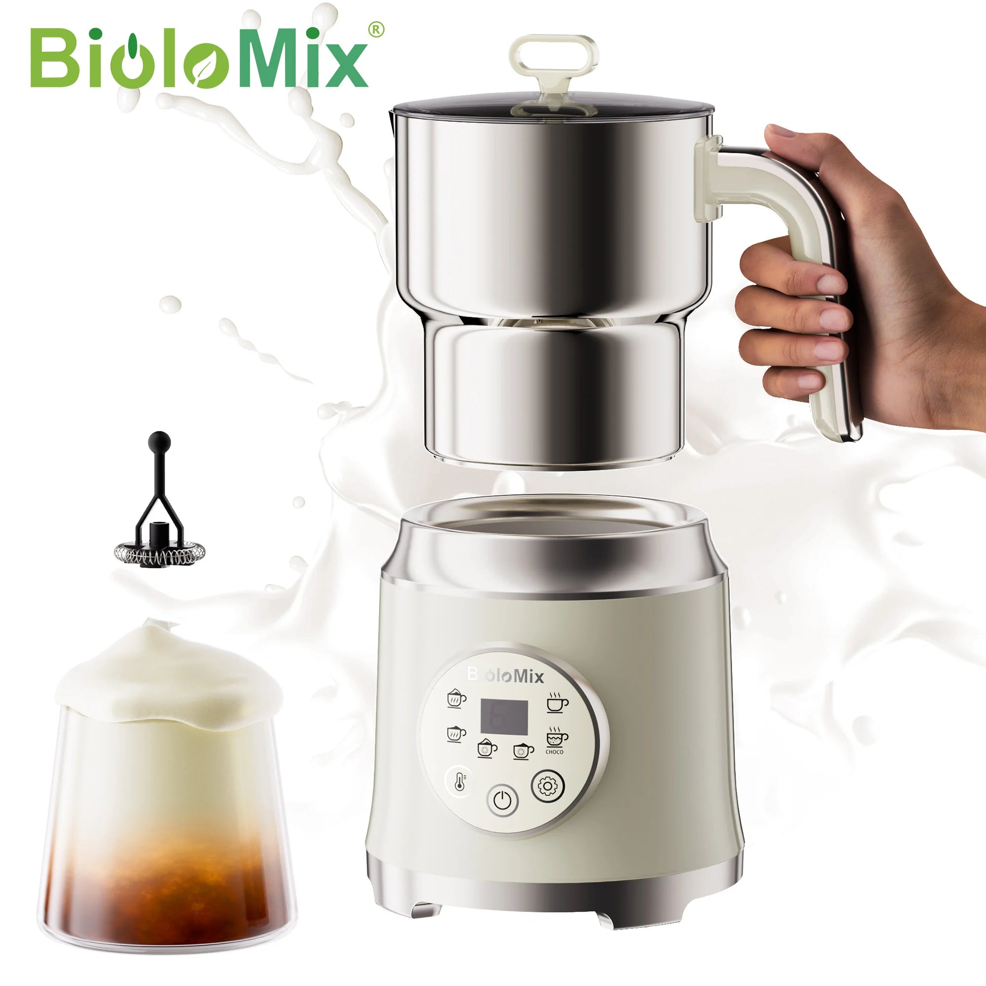 BioloMix Electric Detachable Milk Frother and Steamer,6-in-1 Automatic Hot/Cold Foam and Hot Chocolate Maker,Dishwasher Safe